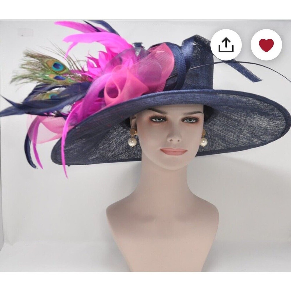 Women’s Kentucky derby tea Party Wide Brim Navy pink Flowers Feathers Hat